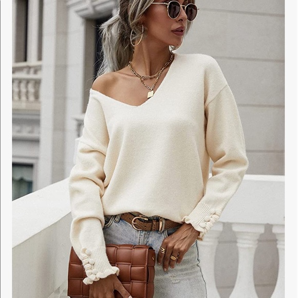 Cream V-neck Button Cuff Sweater - Picture 1 of 6